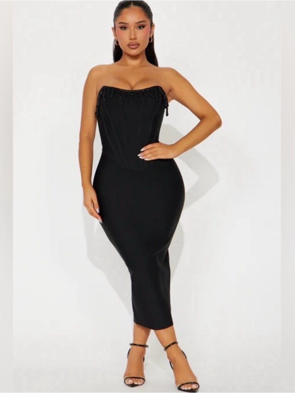Fashion Nova Black Strapless bandeau Beaded bust Dress